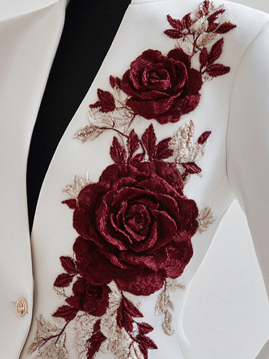 Sophia | Witte Blazer met Rode Rozenborduursel