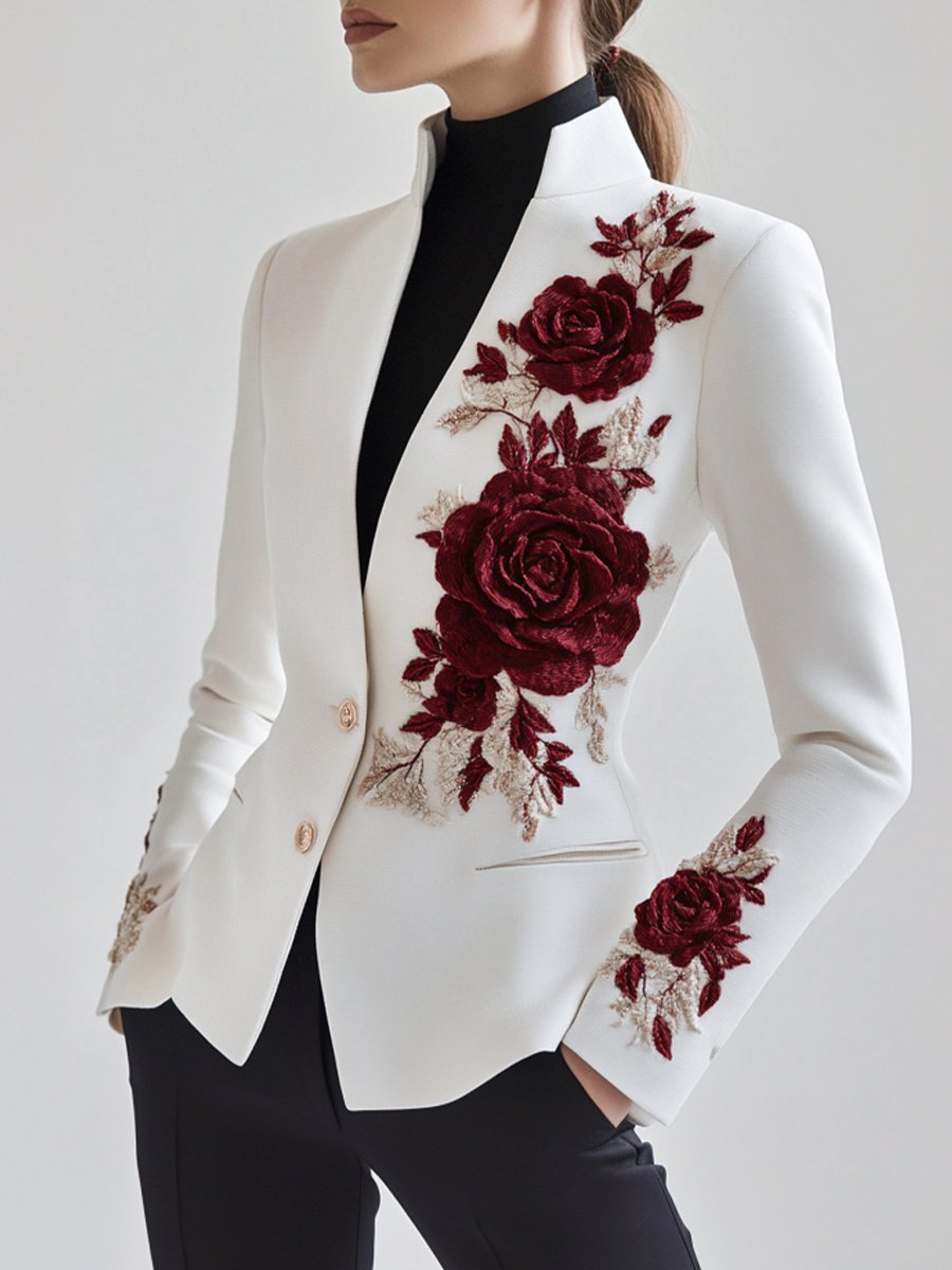 Sophia | Witte Blazer met Rode Rozenborduursel