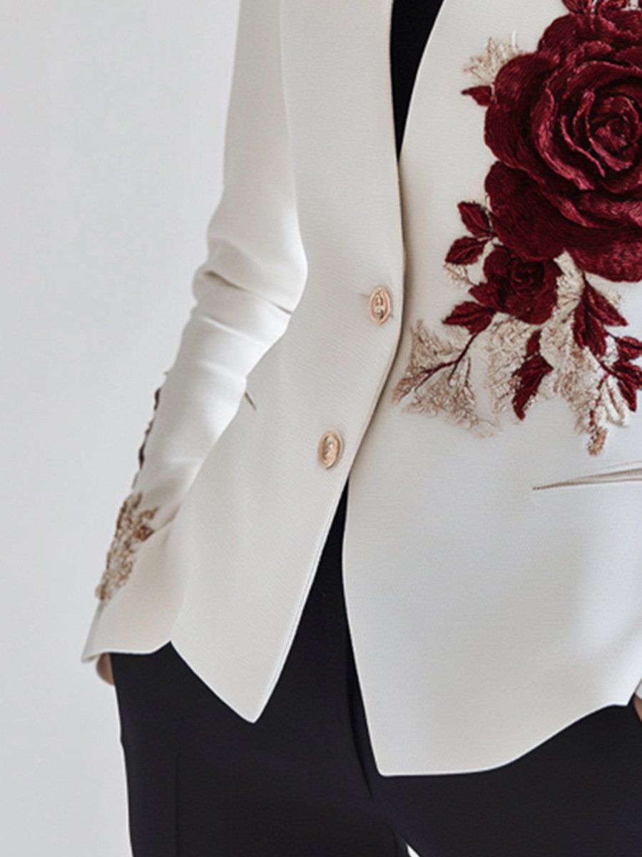 Sophia | Witte Blazer met Rode Rozenborduursel