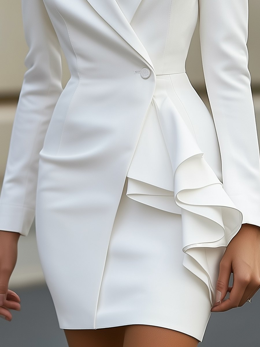Olivia – Elegante Witte Getailleerde Blazerjurk met Ruffle Detail