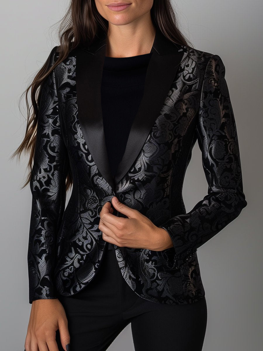 Camille | Zwarte Jacquard Blazer met Zilveren Bloemen