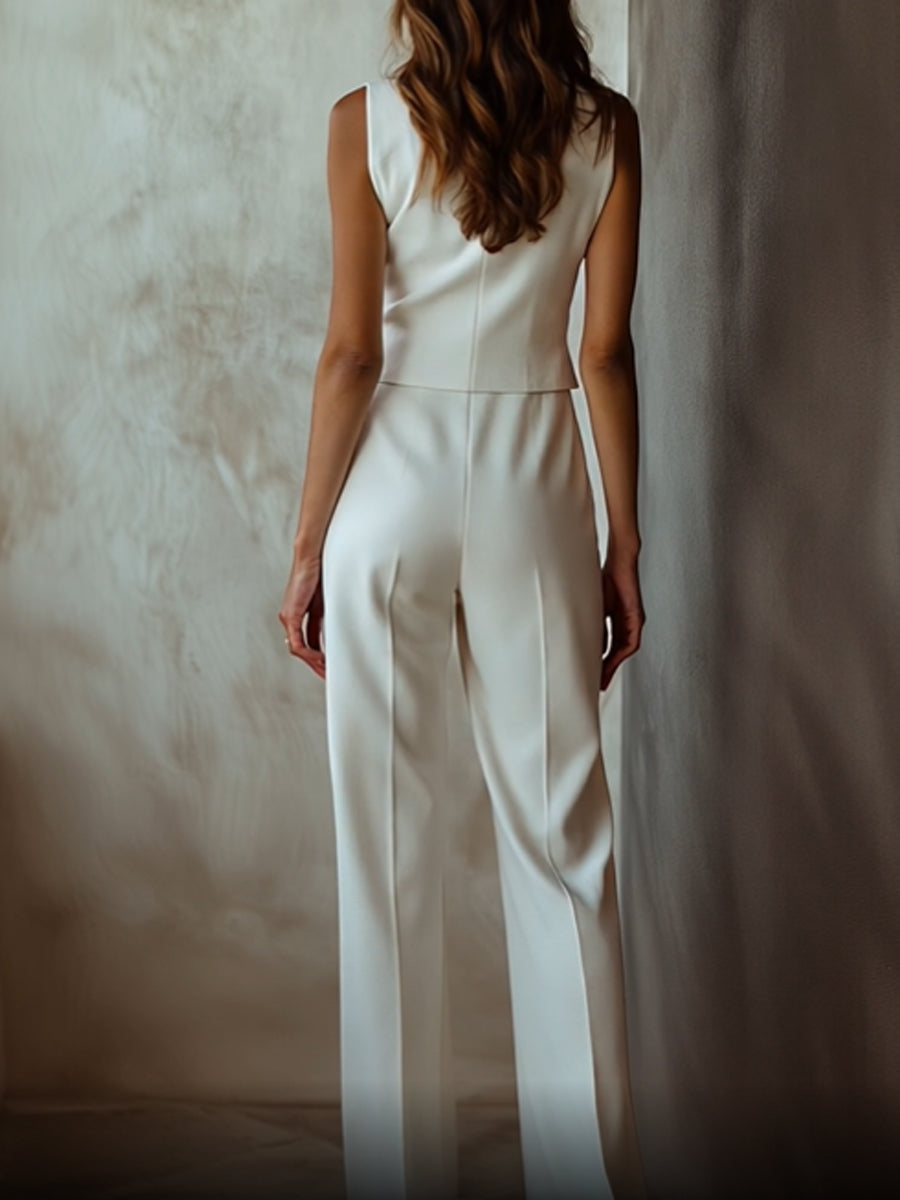 Elena – Elegante Witte Mouwloze Blazer met Bijpassende Rechte Pantalon