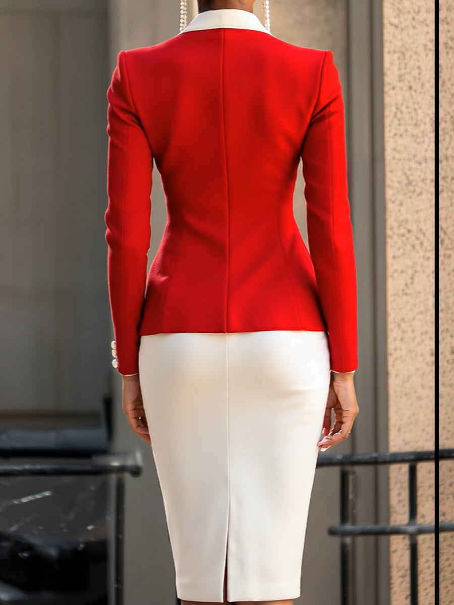 Valerie – Elegante Rood-Witte Asymmetrische Blazer Set