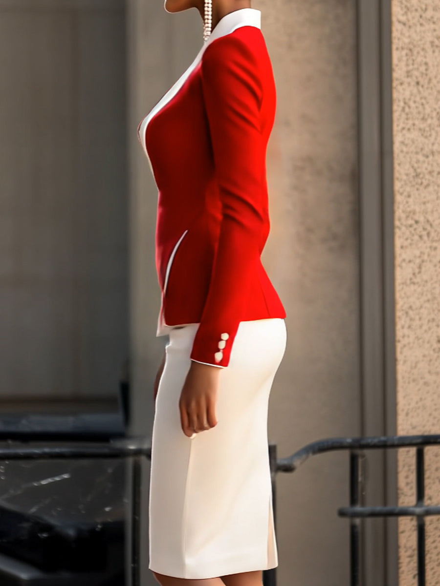 Valerie – Elegante Rood-Witte Asymmetrische Blazer Set