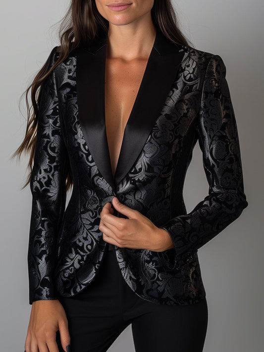 Camille | Zwarte Jacquard Blazer met Zilveren Bloemen