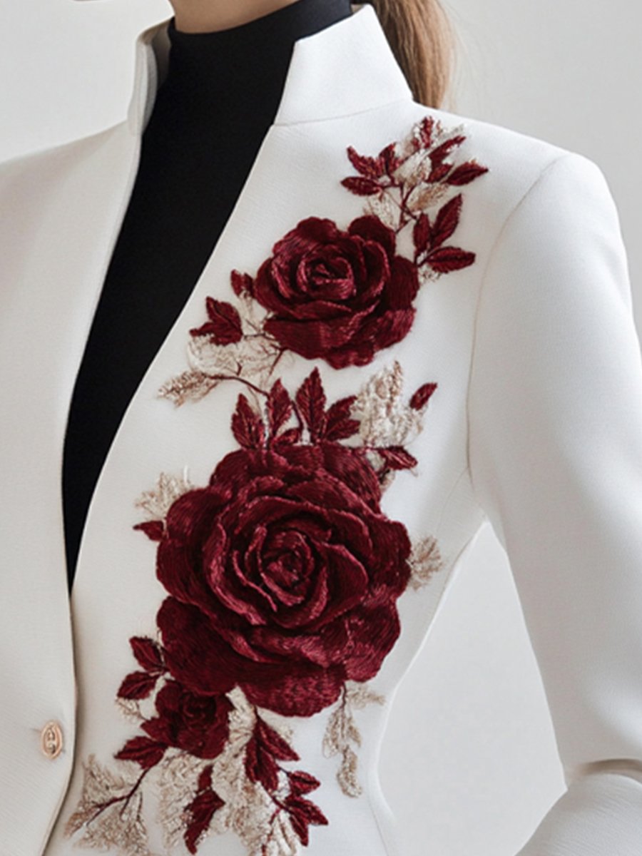 Sophia | Witte Blazer met Rode Rozenborduursel