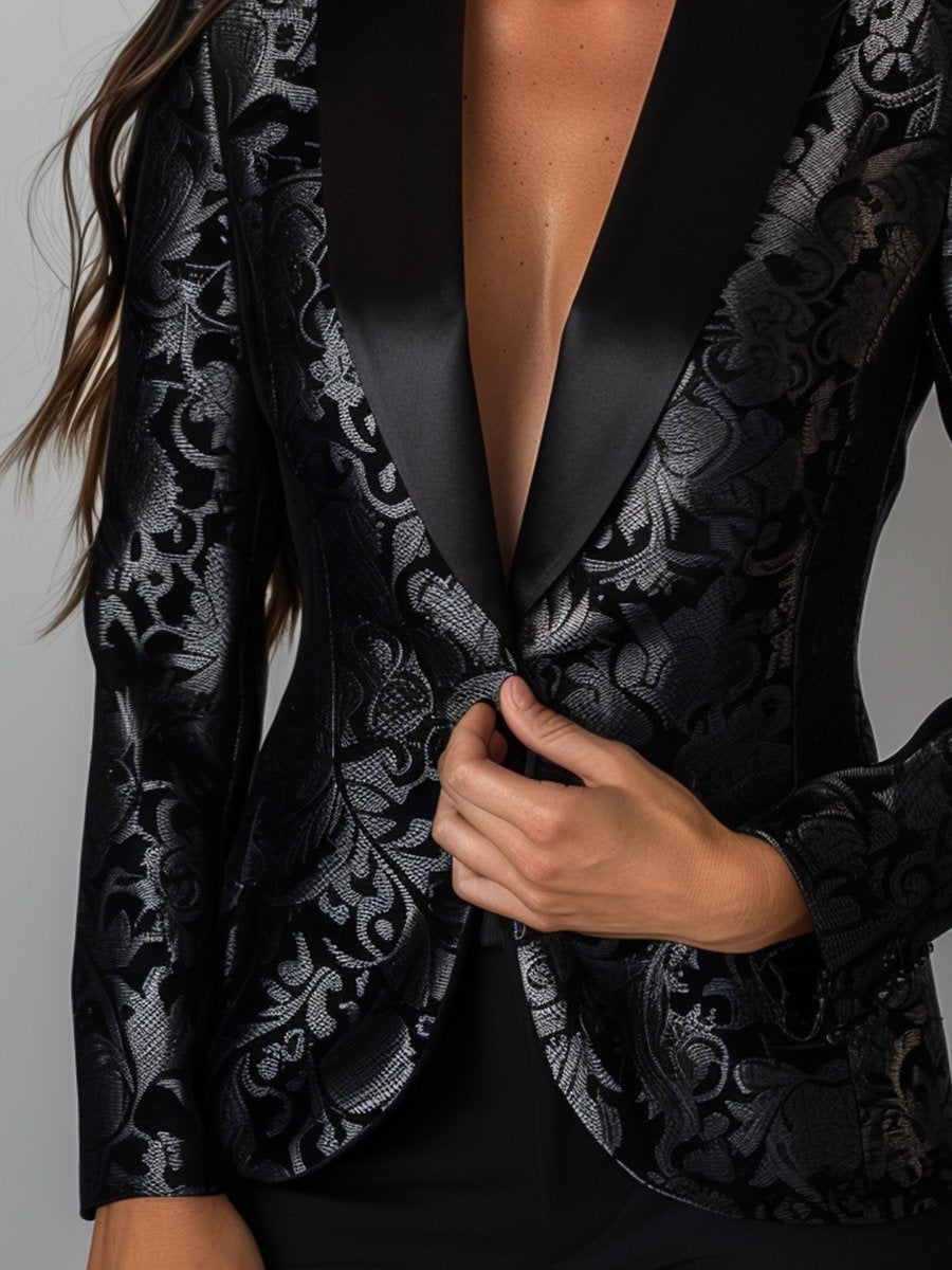 Camille | Zwarte Jacquard Blazer met Zilveren Bloemen