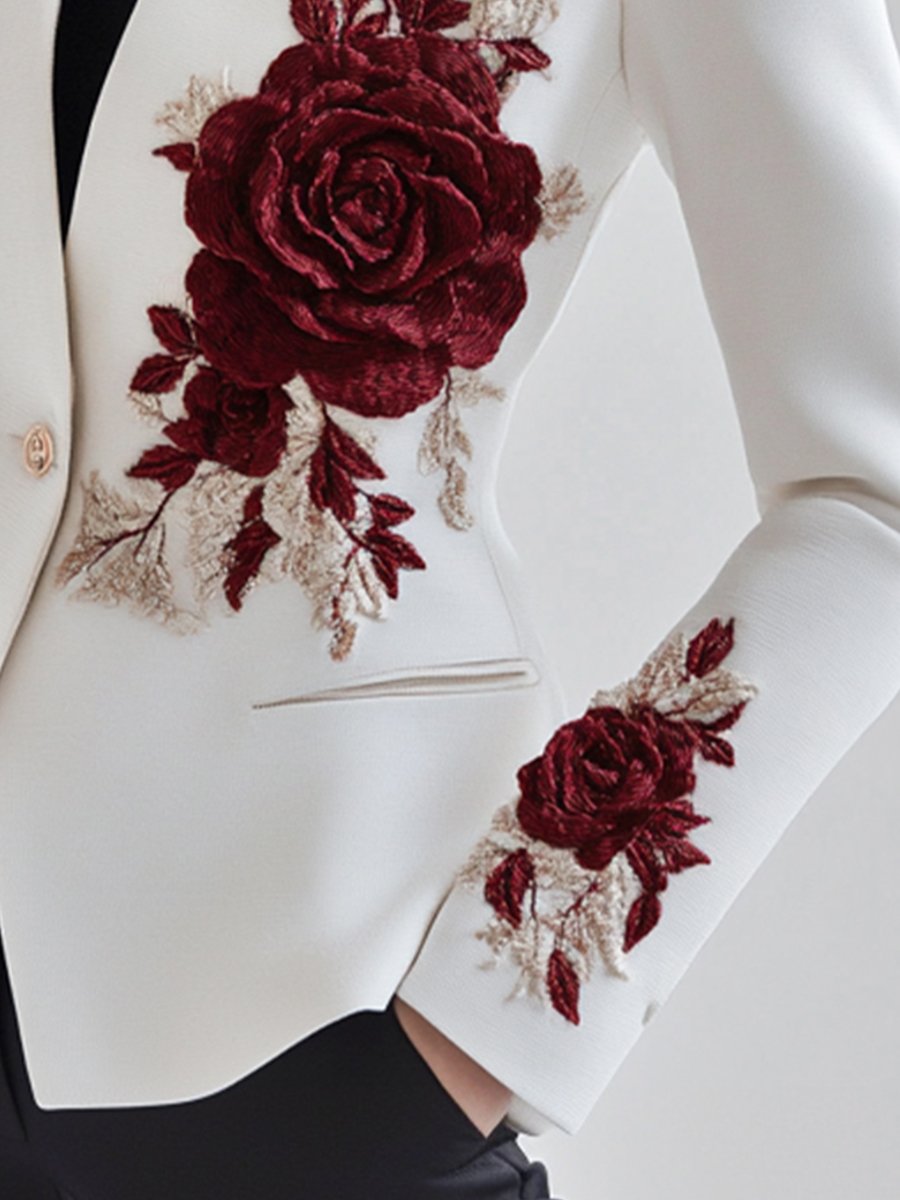 Sophia | Witte Blazer met Rode Rozenborduursel