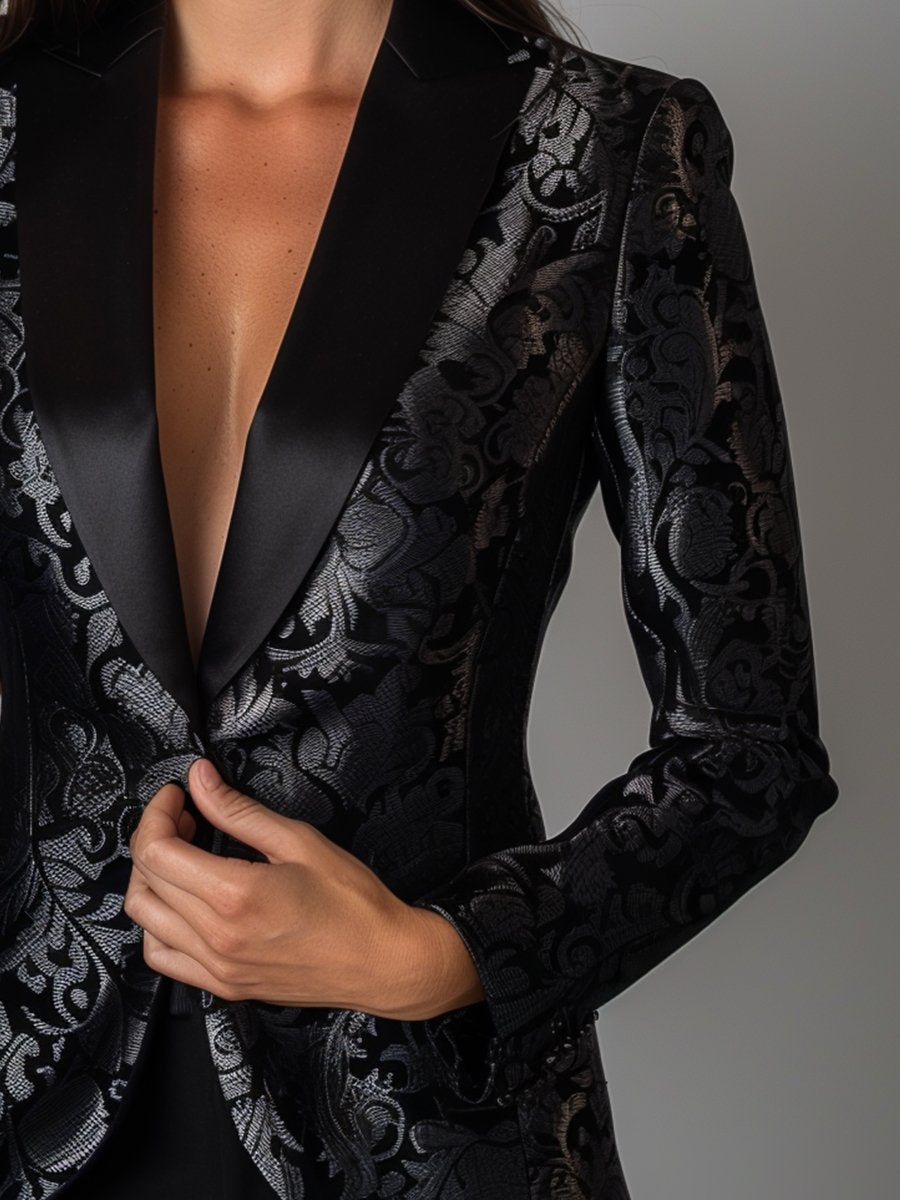 Camille | Zwarte Jacquard Blazer met Zilveren Bloemen